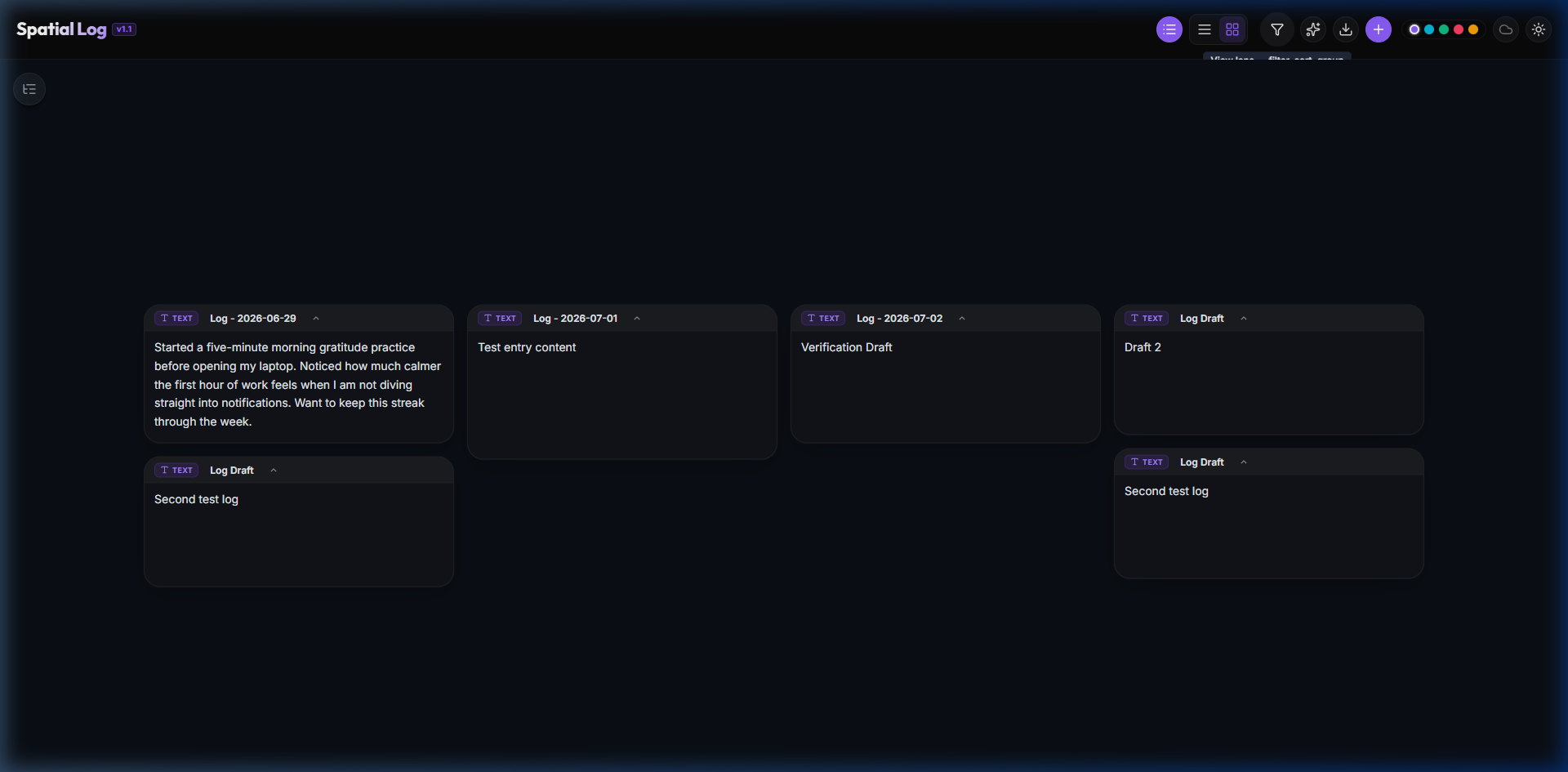Spatial Log Canvas View — spatial grid of diary entries