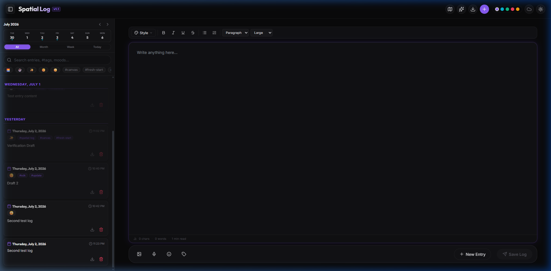 Spatial Log Timeline View — voice and text diary entries in a minimal feed